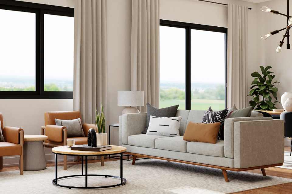 earth tones in living room with leather chairs and neutral accents
